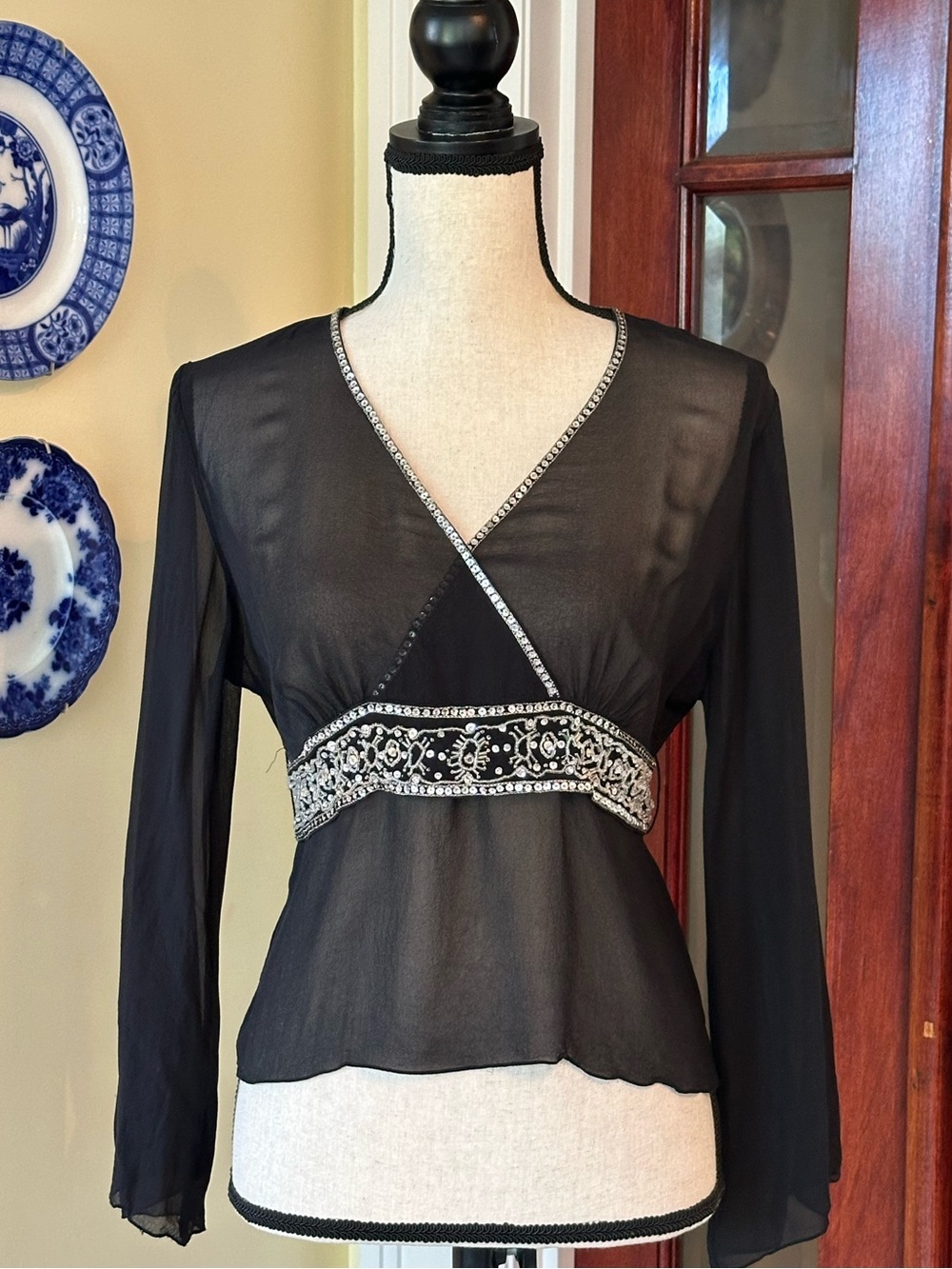 e by eci | Y2K Whimsigoth Sheer Black Beaded Waistband Babydoll Blouse, Size 12